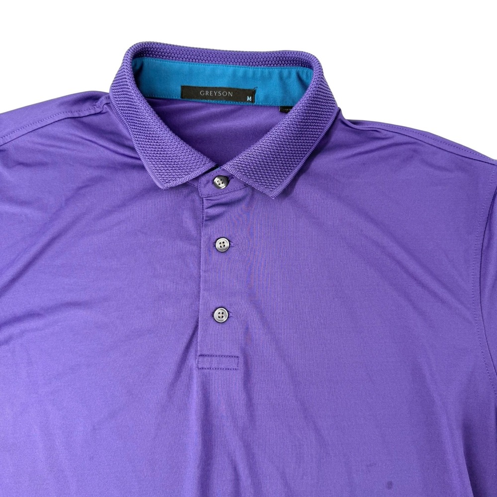 Greyson Golf Polo Mens Medium Purple Knit Collar Wolf Logo Performance Stretch